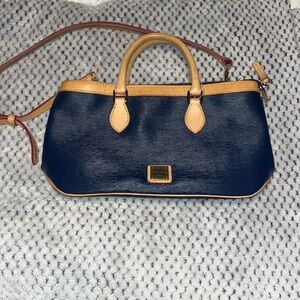 Vintage Dooney & Bourke navy handbag with tan leather accents red interior EUC